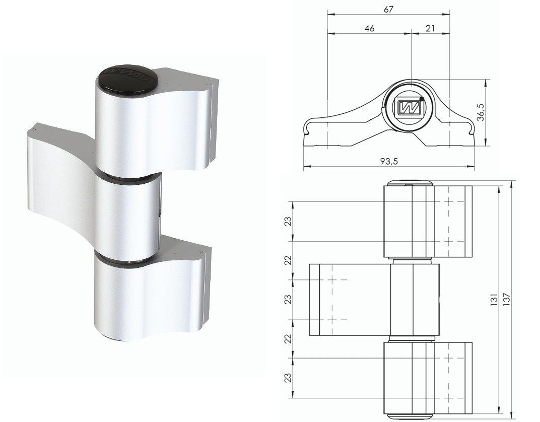 Zawias nawierzchniowy WALA WX 3-skrz. 67 mm surowy WX8010457X - obrazek 1